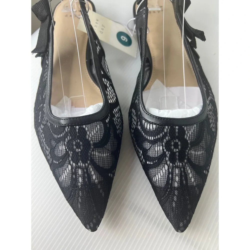A New Day Womens Black Lace Slingback Flats Pointed Toe Bow Detail‎ Size 9 NWT